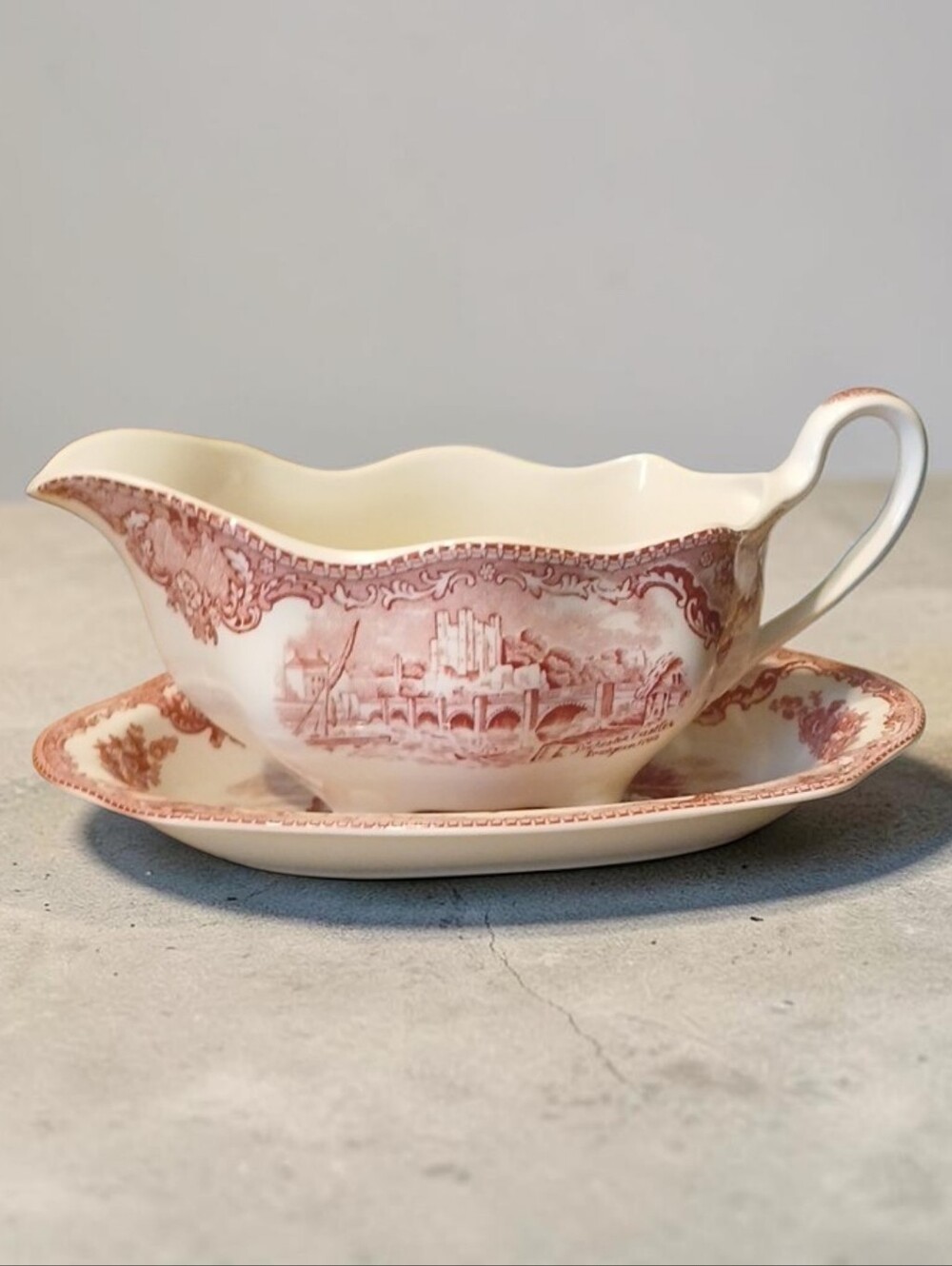 Vintage Johnson Brothers "Old Britain Castles" Pink Gravy Boat with Underplate